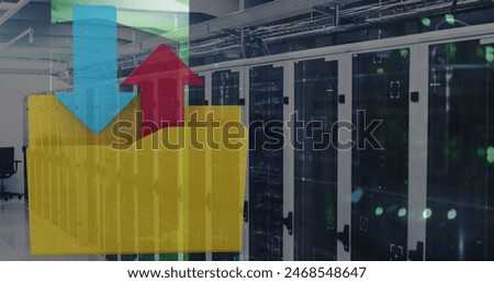 Image of financial data processing with folder icon over computer servers. Global business, finances, computing and data processing concept digitally generated image.