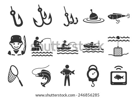 Fishing vector illustration icon set. Included the icons as fisherman, bait, fish, sonar scan, worm, weight and more.