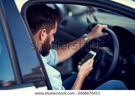 Car, phone and travel with driver man reading app for directions, map or navigation to destination. Driving, location and transport with person in vehicle to search route on mobile for journey