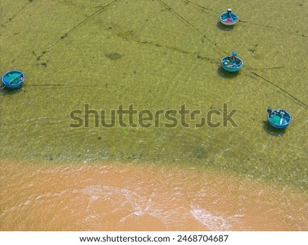 Aerial view of boat baskets transporting tourists in Tuy Hoa Phu Yen, Vietnam in Yen Island, Phu Yen province, Vietnam. Travel and landscape concept