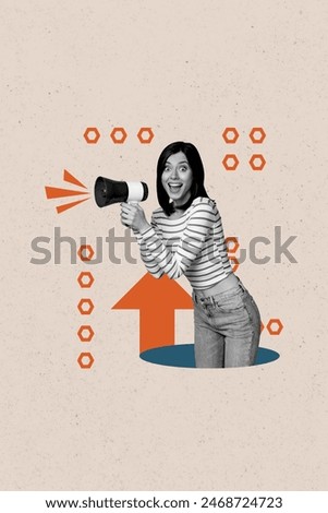 Vertical photo collage of excited businesswoman hold megaphone promote news arrow career development isolated on painted background