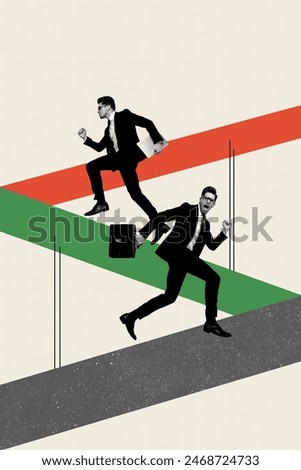 Vertical photo collage of two business partners run promotion path development career growth colleagues isolated on painted background