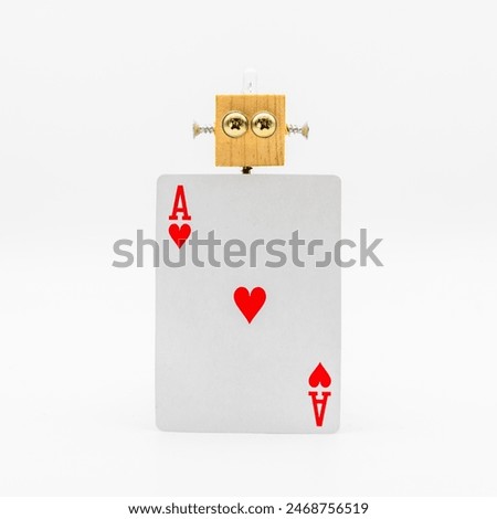 Head of a robot made of wood and screws on the ace of hearts playing card, artificial intelligence in the game