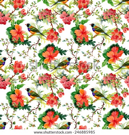 Seamless pattern with wild exotic birds on the branch with flowers on white background vector illustration