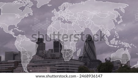 Image of world map and data processing over london cityscape. Global business, finances, computing and data processing concept digitally generated image.