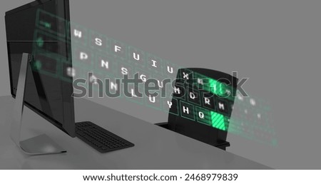 Image of digital keyboard over office desk with computer. Global business, communication and digital interface concept digitally generated image.