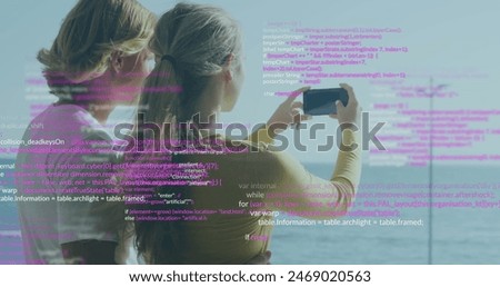 Image of data processing over caucasian couple using smartphone. Lifestyle, communication, computing and digital interface concept digitally generated image.