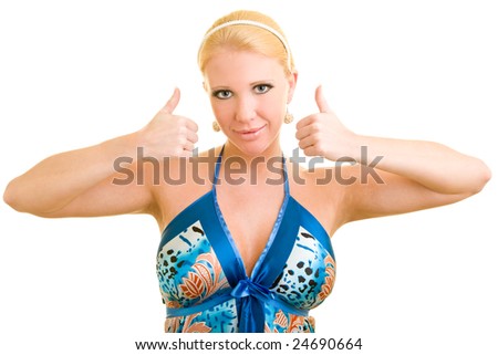 Blonde woman holding thumbs up