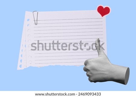 Creative concept image featuring a hand giving a thumbs up beside a lined notepad paper with a red heart sticker on a blue background, symbolizing positive feedback and approval