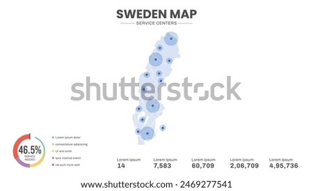 Service centers are highlighted within the map of Sweden Map, Infographic map of Sweden Vector Illustration