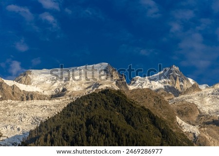 Chamonix Montblanc beautiful alpine mountain summits landscape. Alps mountains with snow and glacier above green valley of Chamonix in France. Alps beautiful scenery in summer