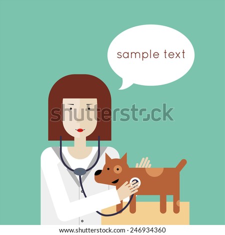 Veterinarian examining a puppy. Flat design vector illustration. 