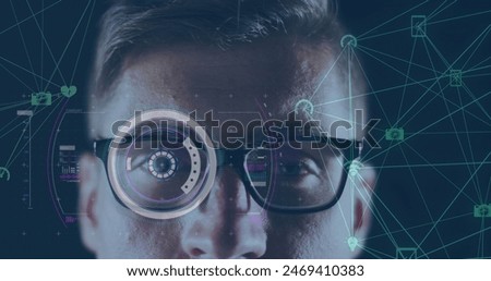 Image of network of connections and scope scanning over caucasian man. global business, connections and technology concept digitally generated image.