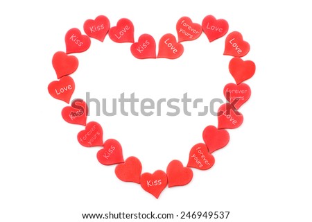Red hearts Valentines day a heart with the words "kiss", "love" on white background