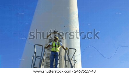 Image of financial data processing over caucasian engineer and wind turbine. global environment, sustainability, data processing and business concept digitally generated image.