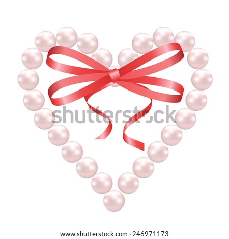 Pearl heart with red bow isolated on white