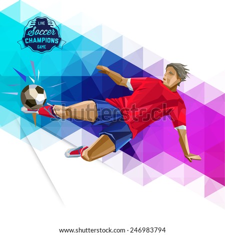 Vector concept of soccer player with geometric background and geometric figures combination of different colors. Creative football design with labels for you.