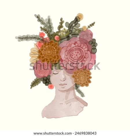Woman and flowers. watercolor painting. vector illustration.