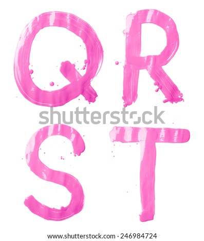 Q, R, S, T letter character set of a hand drawn with the oil paint brush strokes, isolated over the white background