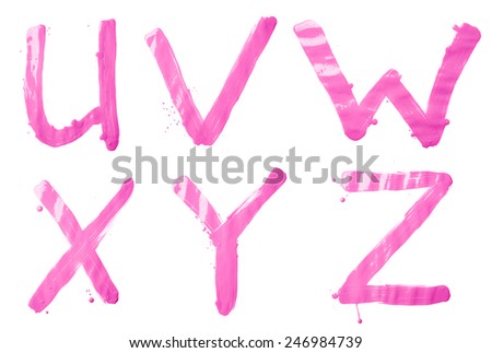 U, V, W, X, Y, Z letter character set of a hand drawn with the oil paint brush strokes, isolated over the white background