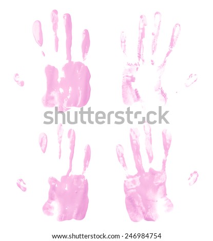 Handmade oil paint hand palm prints isolated over the white background, set of four different images