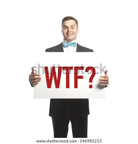 Funny man in blue bow tie holding a plate with title 'WTF?'