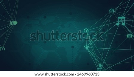 Image of network of connections with icons over world map on green background. Internet, network, communication and technology concept digitally generated image.