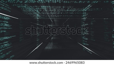 Green code cascading down screens in dark corridor, forming a matrix-like tunnel. Light glowing at end enhances the mysterious atmosphere