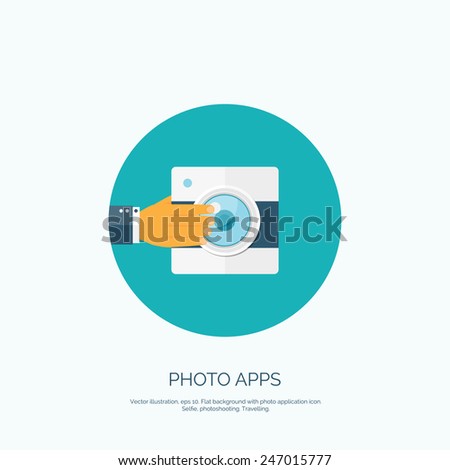 Vector Illustration. Photo app with Hand. Flat Background.