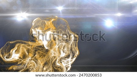 Image of glowing yellow light trail over spots of light. Light, movement and colour concept digitally generated image.