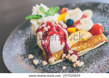 Fruits waffle with ice cream - Processing still life effect style pictures