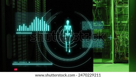 Image of data processing and skeleton walking over server room. Global business, security and digital interface concept digitally generated image.