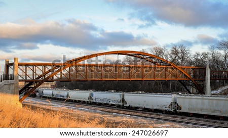 Railroad Cars in line under a bridge
