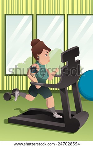 A vector illustration of overweight person running on a treadmill in a gym