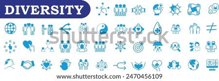 Diversity icon set featuring blue symbols representing inclusion, equality, and community. Ideal for projects on social justice, teamwork, and multiculturalism