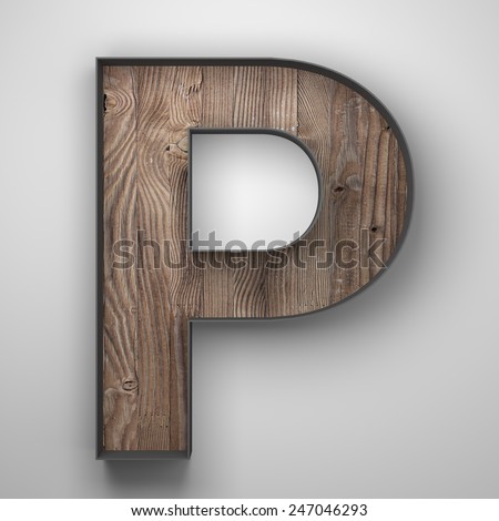 Vintage wooden letter p with metal frame