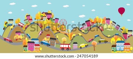 Cars on the road. Autumn background with cars on the road,  Vector  illustration