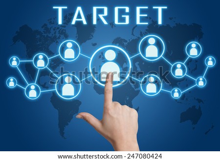 Target concept with hand pressing social icons on blue world map background.