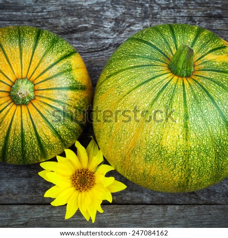 Fresh pumpkins decorated  sun flower on wooden table, top view