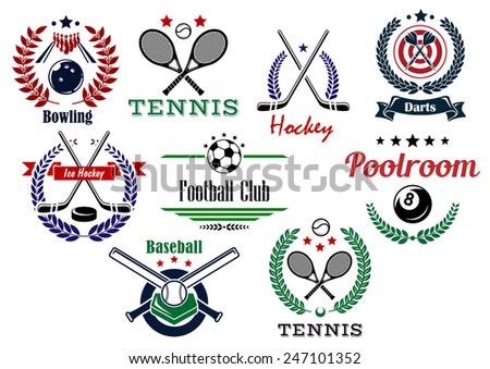Football, soccer, ice hockey, darts, poolroom, bowling, baseball  team and individual sport emblems in heraldic style