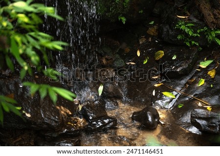 Lovely corner of the stream, little waterfall splashing on the round rocks, foreground out of focus in purpose, in Keelung city, Taiwan.