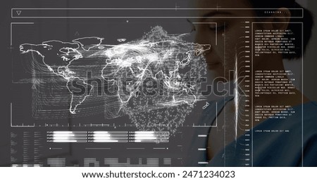 Image of data processing with world map over biracial female doctor. Global medicine, healthcare and digital interface concept digitally generated image.