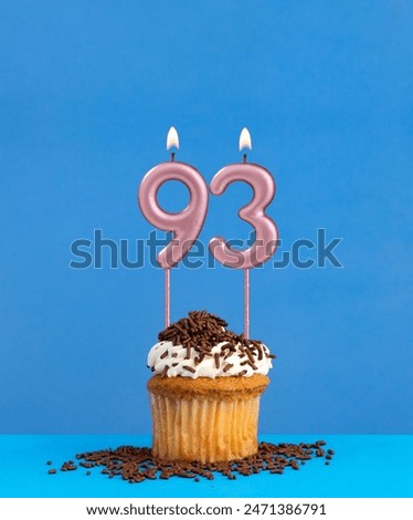 Birthday candle with cupcake on blue background - Number 93