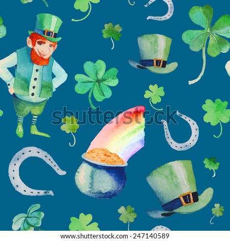 Watercolor St. Patrick's Day pattern. Hand drawn seamless texture with objects: leprechaun, clover shamrock, hat, pot of gold, rainbow, horseshoe. Cartoon holiday background on blue