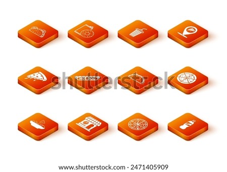 Set Nachos in plate, Pizzeria building facade, Slice of pizza, Hotdog sandwich, Pizza, Taco with tortilla, Bottle water and  icon. Vector
