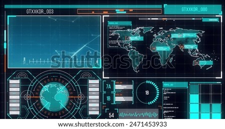 Image of interface with spinning globe, world map and data processing on blue background. Computer interface and business data technology concept