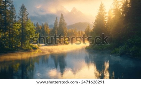 Tranquil scenery in the sunrise with pine forest, fog and dreaming river in sunshine at the morning