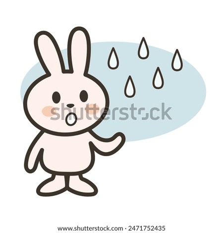 Clip art of a rabbit looking up at the sky as a light rain begins to fall