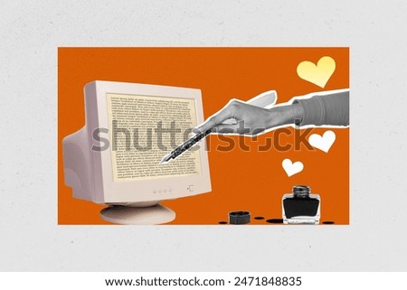 Composite sketch image trend artwork photo collage of old vintage computer monitor hand appear hold pen write ink love story novel