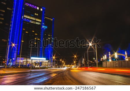 Light trails in the center of Gothenburg, Sweden Royalty-Free Stock Photo #247186567